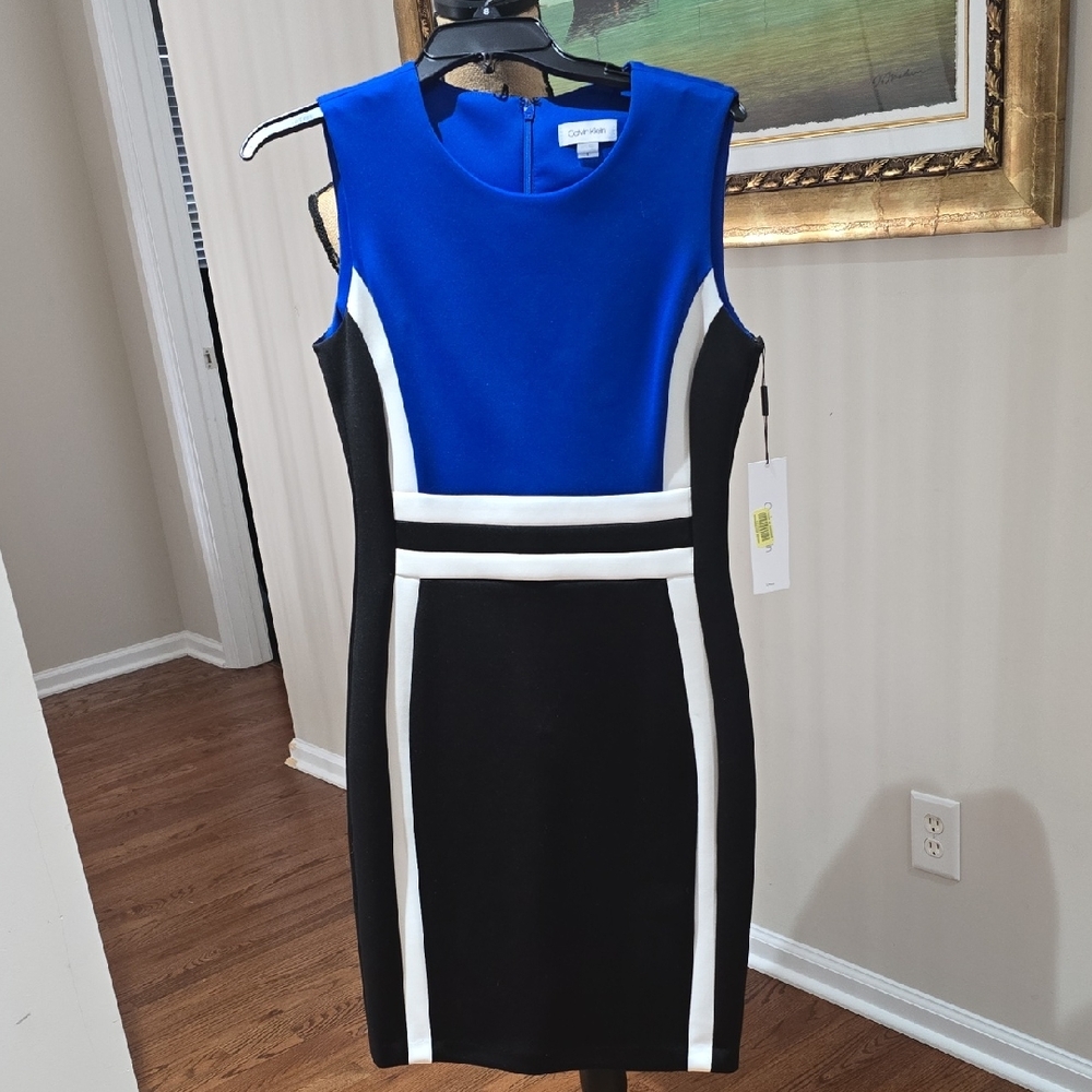 Calvin Klein Blue and Black Midi Dress with White Accents